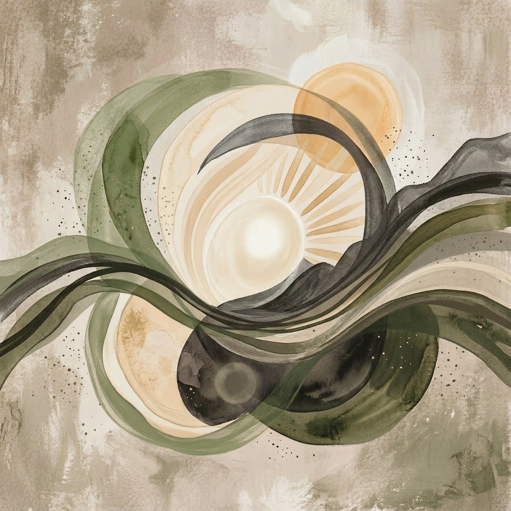 Abstract watercolor composition with overlapping circles and flowing shapes in earthy tones