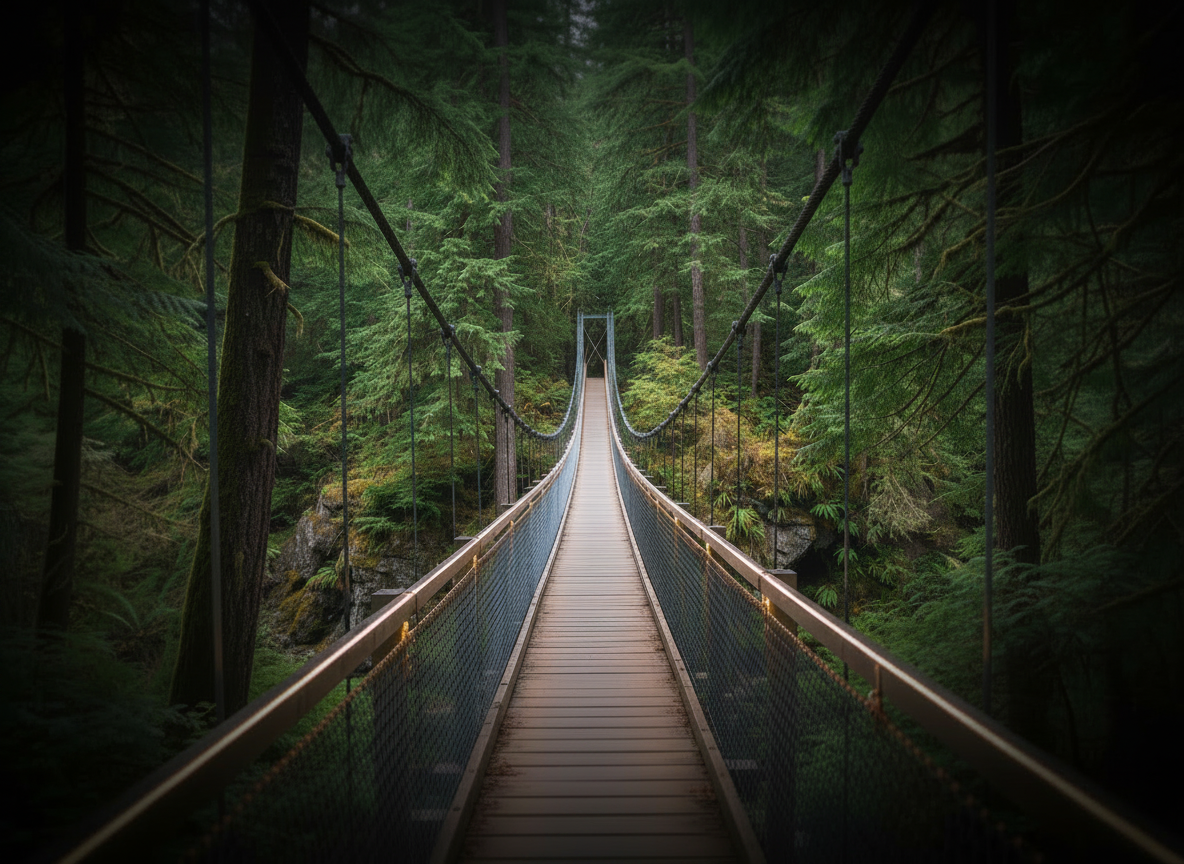Capilano Suspension Bridge in a lush evergreen forest, but with the trees and foliage a darker, richer green than the current image. Maintain the same composition and angle of the bridge as the existing hero, realistic professional photographic style suitable for a seminar website. Forest should feel deep and saturated, with natural lighting and no cartoonish effect.